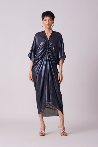 Aika Metallic Rouche Dress - Ink Blue