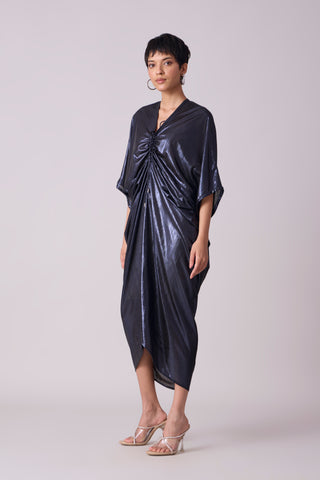 Aika Metallic Rouche Dress - Ink Blue