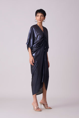 Aika Metallic Rouche Dress - Ink Blue