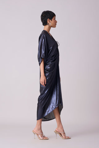 Aika Metallic Rouche Dress - Ink Blue