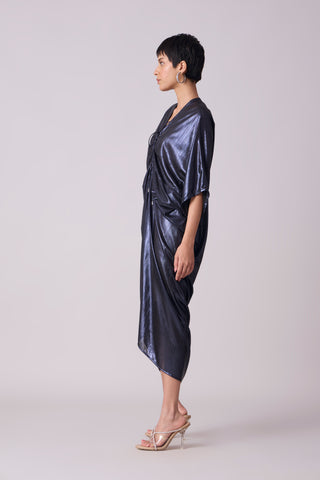 Aika Metallic Rouche Dress - Ink Blue