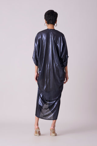 Aika Metallic Rouche Dress - Ink Blue