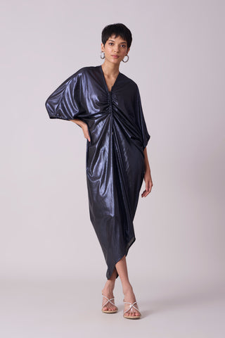 Aika Metallic Rouche Dress - Ink Blue