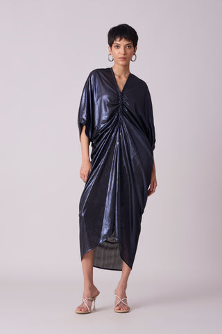 Aika Metallic Rouche Dress - Ink Blue