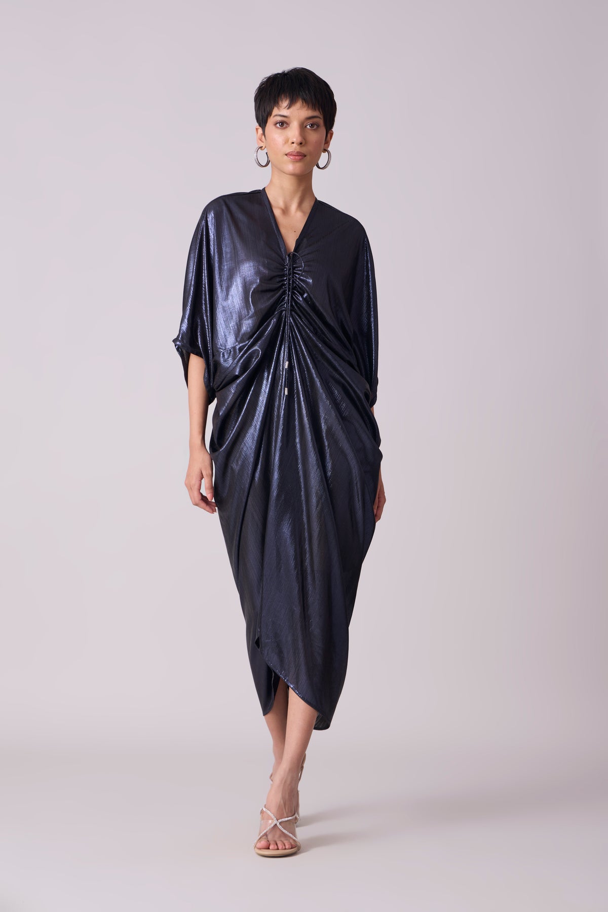 Aika Metallic Rouche Dress - Ink Blue