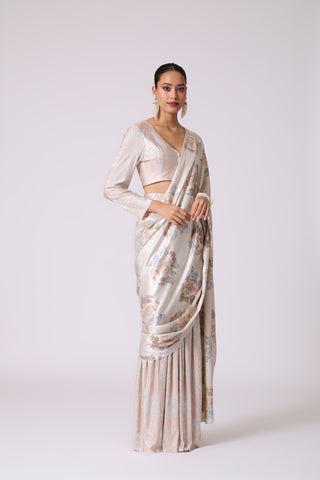 Annika Saree with Blouse - Ivory & Silver
