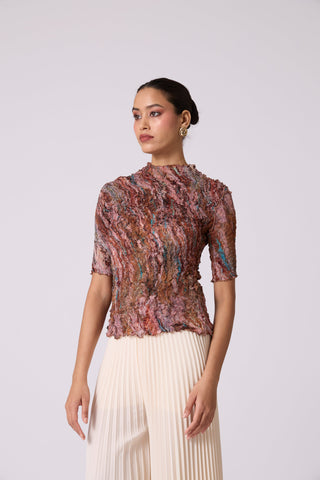 Art Print Sheer Top - Brown