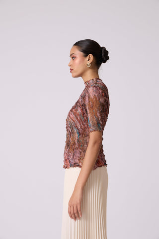 Art Print Sheer Top - Brown