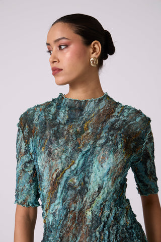 Art Print Sheer Top - Blue & Green