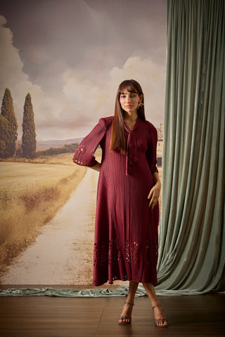 Leontine Cutwork Dress - Burgundy