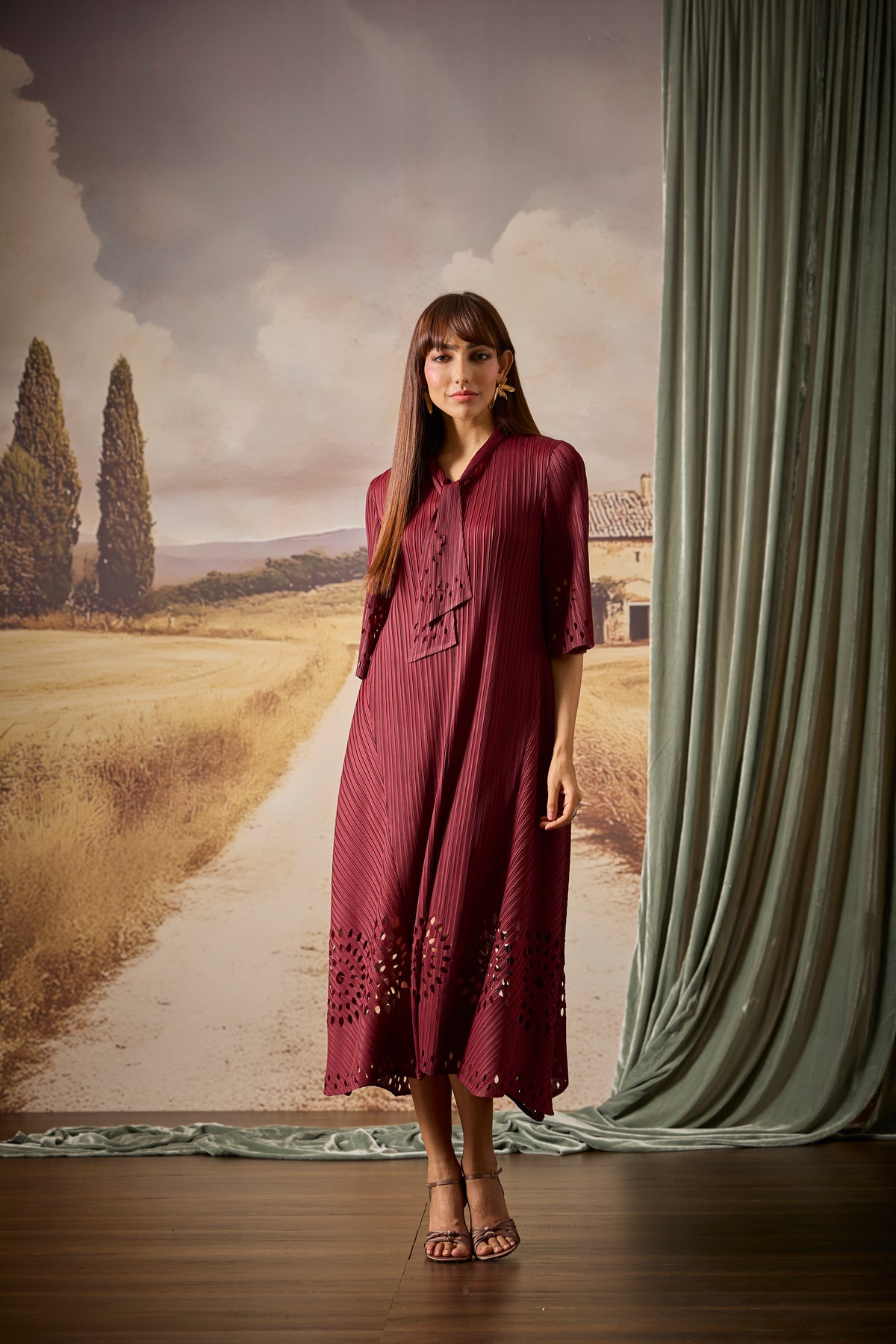 Leontine Cutwork Dress - Burgundy