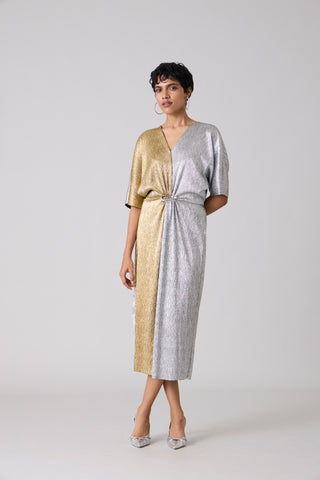 Cecil Midi Textured Metallic Dress - Silver & Gold