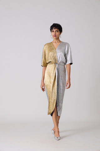 Cecil Midi Textured Metallic Dress - Silver & Gold