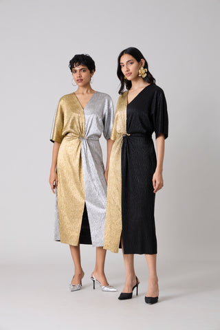 Cecil Midi Textured Metallic Dress - Silver & Gold