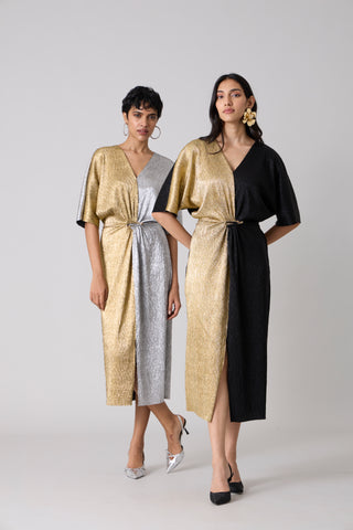 Cecil Midi Textured Metallic Dress - Black & Gold