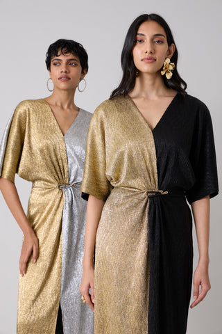 Cecil Midi Textured Metallic Dress - Black & Gold