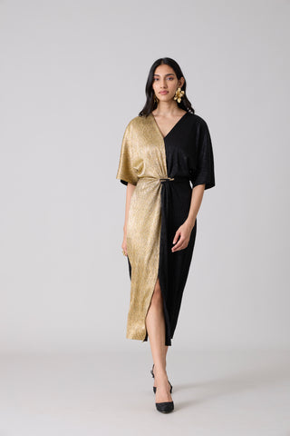 Cecil Midi Textured Metallic Dress - Black & Gold