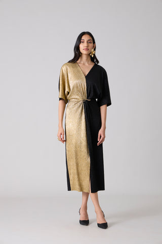 Cecil Midi Textured Metallic Dress - Black & Gold