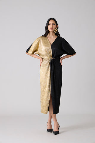 Cecil Midi Textured Metallic Dress - Black & Gold