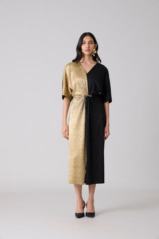 Cecil Midi Textured Metallic Dress - Black & Gold