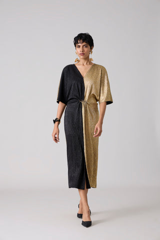 Cecil Midi Textured Metallic Dress - Gold & Black