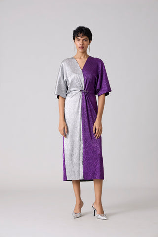 Cecil Midi Textured Metallic Dress - Purple & Silver