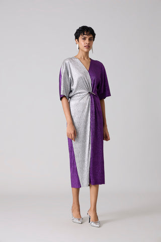 Cecil Midi Textured Metallic Dress - Purple & Silver