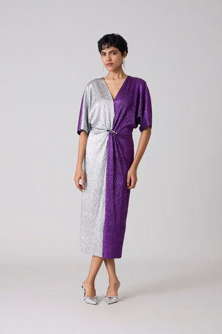 Cecil Midi Textured Metallic Dress - Purple & Silver