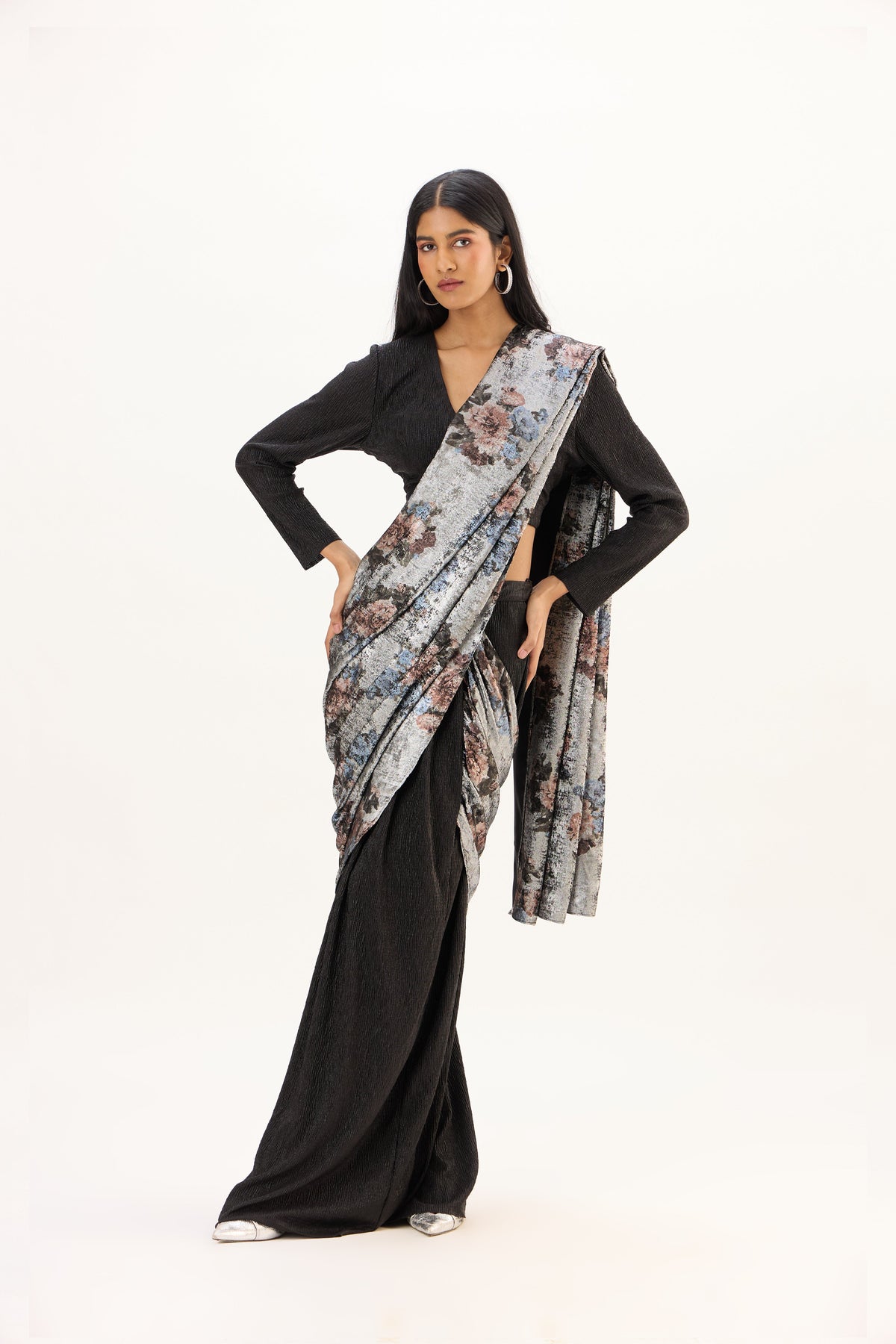Annika Saree with Blouse - Black & Silver