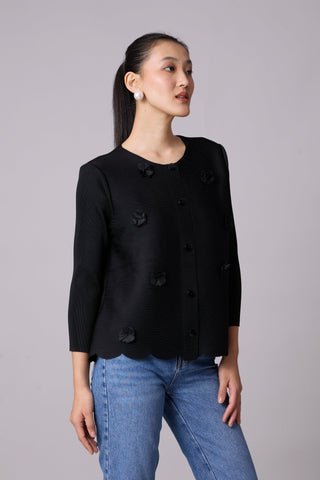 Pleated Cardigan Top - Black