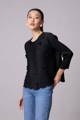 Pleated Cardigan Top - Black