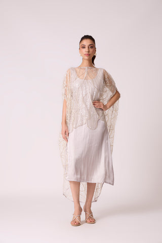 Leah Embroidered Cape Midi Dress - Grey Ivory