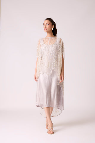 Leah Embroidered Cape Midi Dress - Grey Ivory
