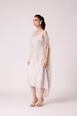 Leah Embroidered Cape Midi Dress - Grey Ivory
