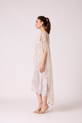Leah Embroidered Cape Midi Dress - Grey Ivory