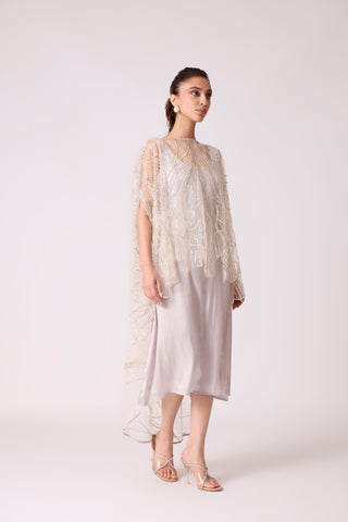 Leah Embroidered Cape Midi Dress - Grey Ivory