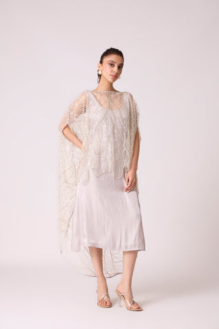 Leah Embroidered Cape Midi Dress - Grey Ivory