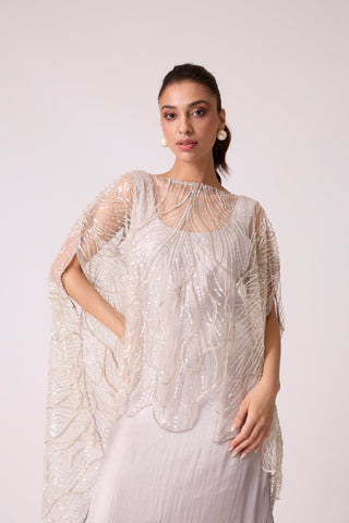 Leah Embroidered Cape Midi Dress - Grey Ivory