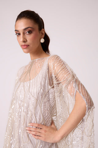 Leah Embroidered Cape Midi Dress - Grey Ivory