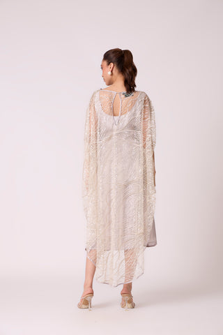 Leah Embroidered Cape Midi Dress - Grey Ivory