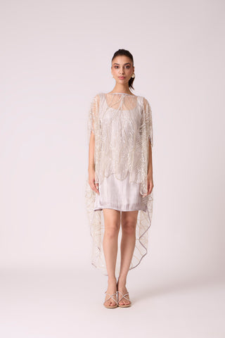 Leah Embroidered Cape Mini Dress - Grey Ivory