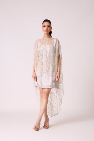Leah Embroidered Cape Mini Dress - Grey Ivory