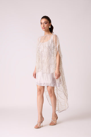 Leah Embroidered Cape Mini Dress - Grey Ivory