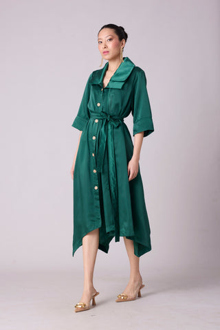 Aspen Satin Shirt Dress - Emerald Green