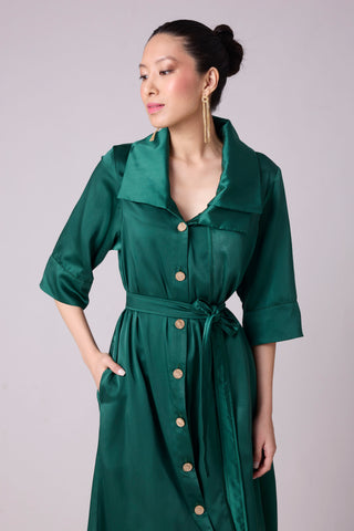 Aspen Satin Shirt Dress - Emerald Green