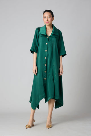 Aspen Satin Shirt Dress - Emerald Green