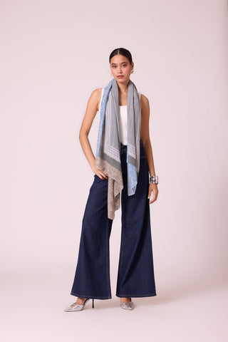 Printed Scarf - Blue & Beige