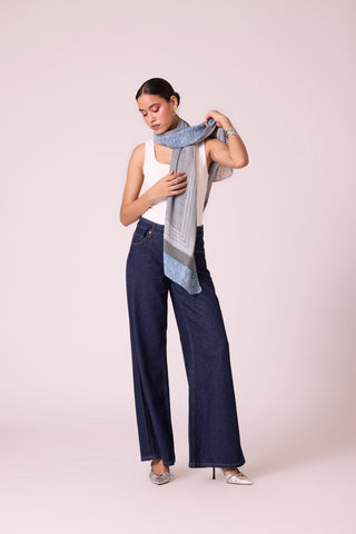 Printed Scarf - Blue & Beige