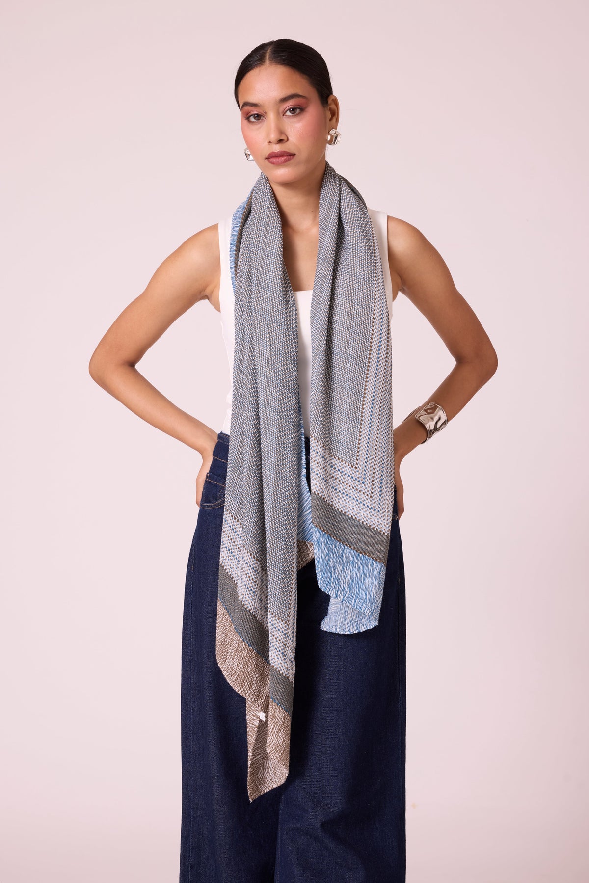 Printed Scarf - Blue & Beige