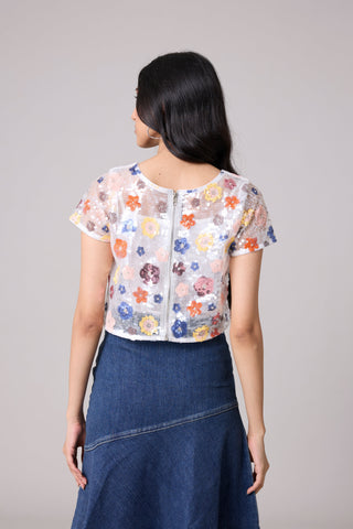 Paige Sequence Flower Top/Jacket - Half Sleeve - White